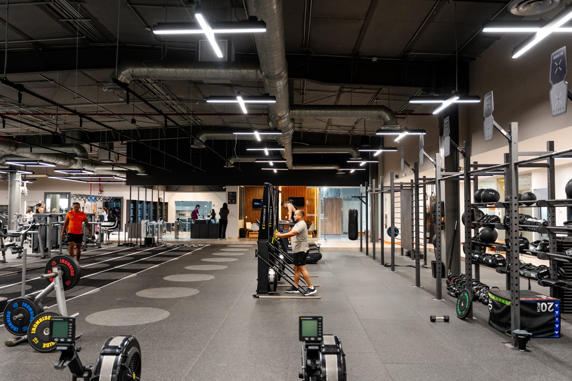 Área central del gimnasio con racks y zona de recepción al fondo